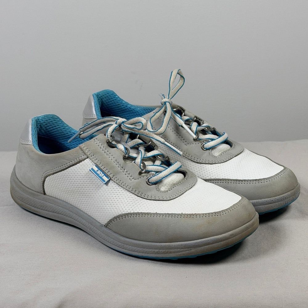 SAS Womens Walking Comfort Shoes White Gray Blue Leather Lace Up Size 6.5 M
